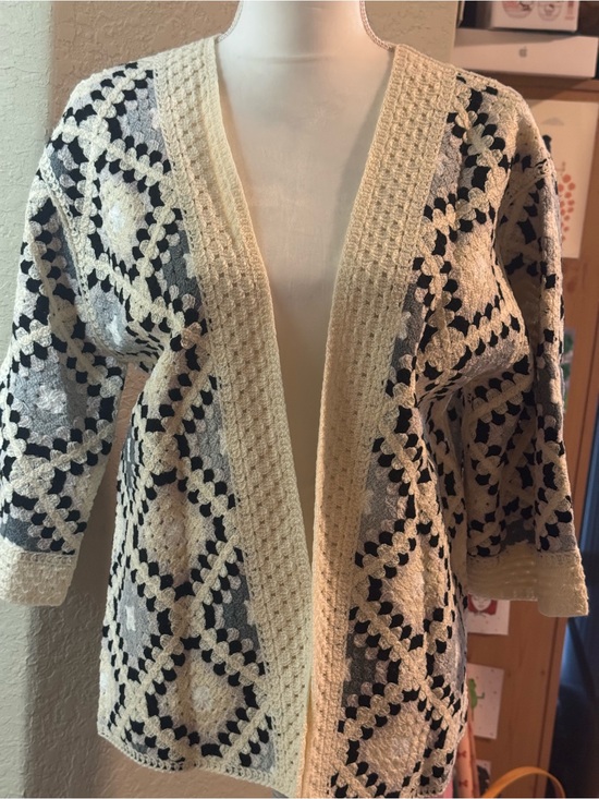 Sweaters - New Cream and Black Open-Front Crochet Summer Cardigan SZ M